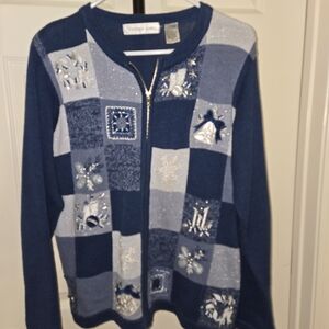 Victoria Jones Women's Blue and Silver Zip Cardigan Size Small